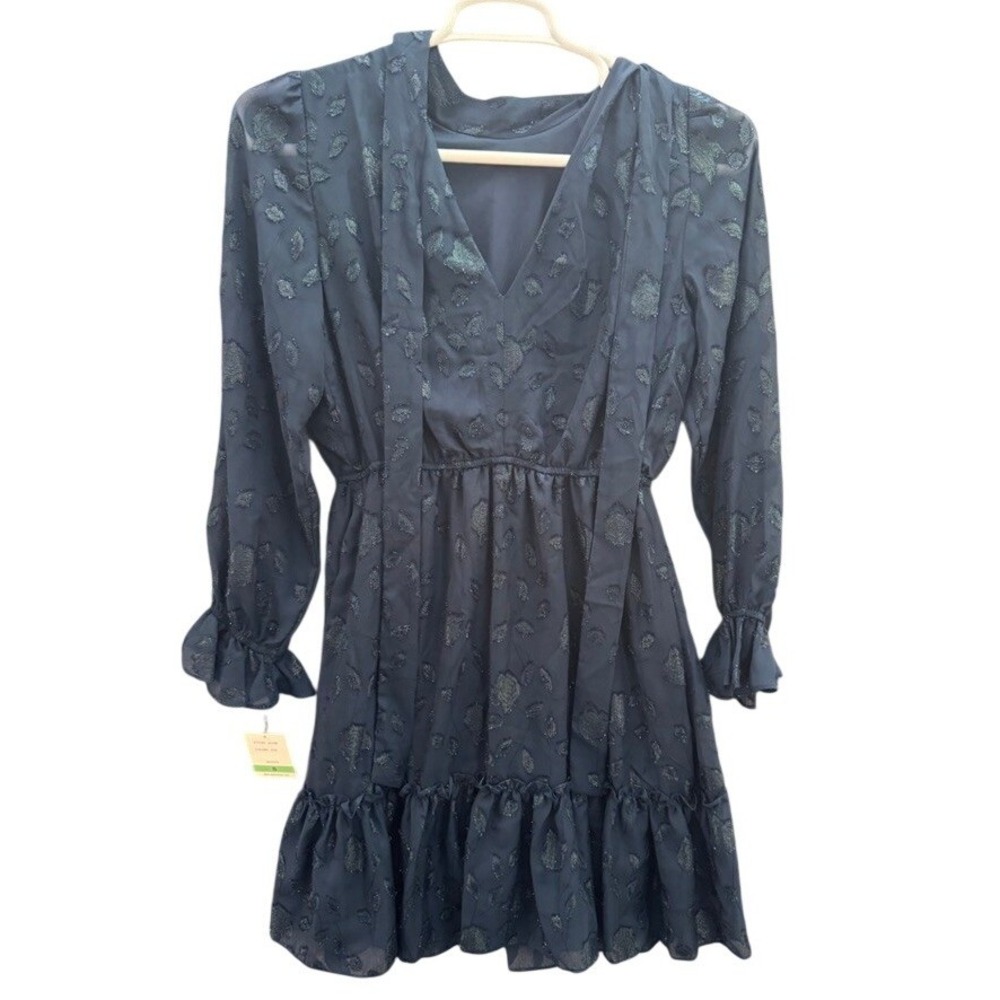 NWT Taylor Dress Navy Blue Metallic Leaf Long Sleeve Ruffle Mini Dress Size 8